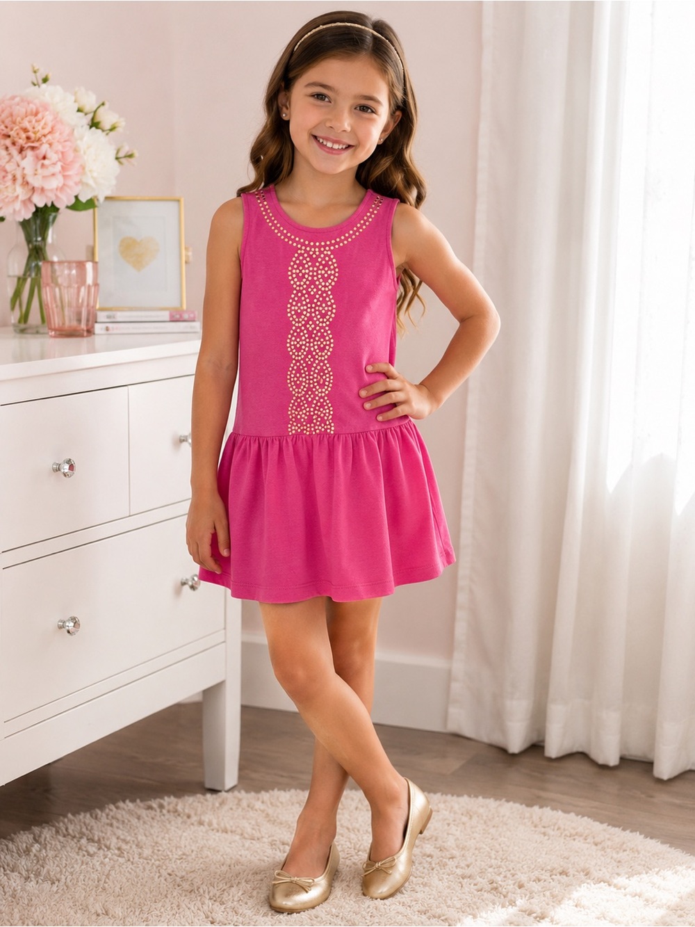 Nicole Miller Kids Pink Gold Studded Peplum Party Dress Girls Size 6 NWT